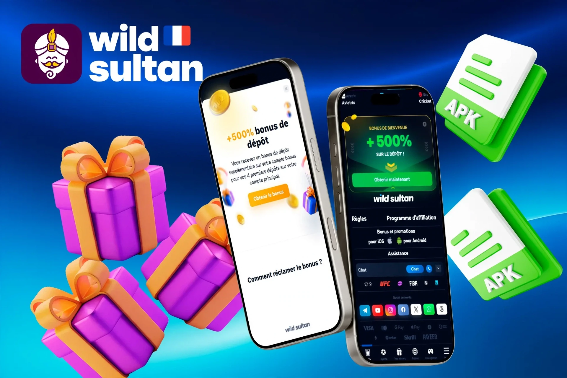 Promotion de l'application mobile Extra Casino avec bonus de dépôt jusqu'à 100% jusqu'à 500 € et illustration d'une boîte cadeau