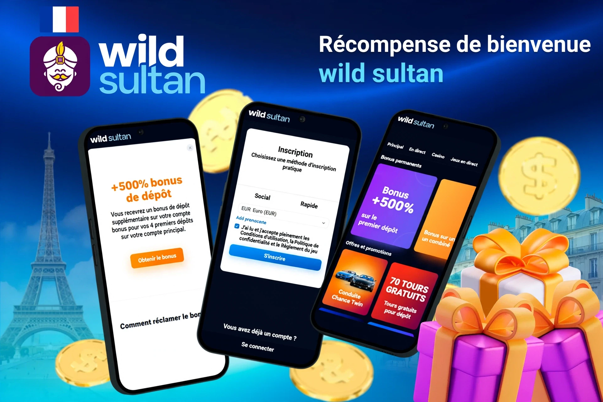 Mobile screens displaying 1Win registration and 500% deposit bonus with gift boxes