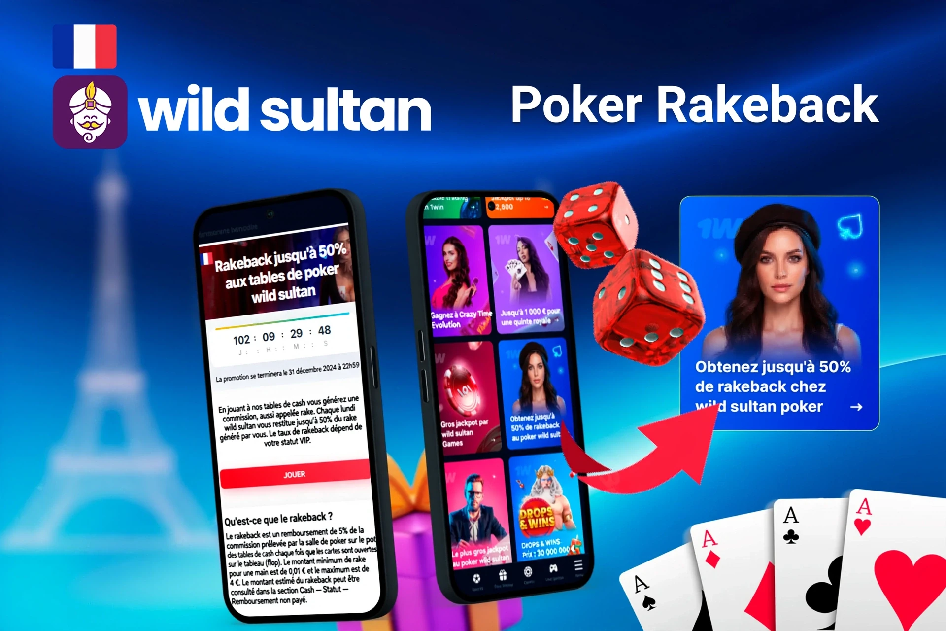 Application mobile avec l'offre de rakeback poker Extra Casino jusqu'à 50 %, dés rouges et cartes à jouer