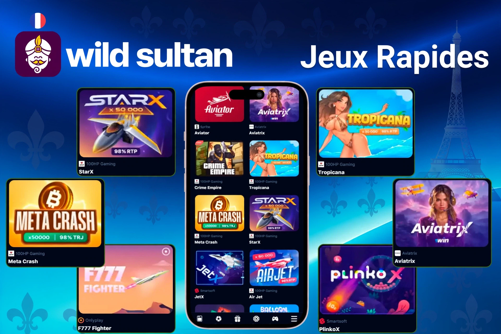 Section de jeux rapides avec des titres comme StarX, Tropicana, Meta Crash et PlinkoX mis en avant sur l'application mobile