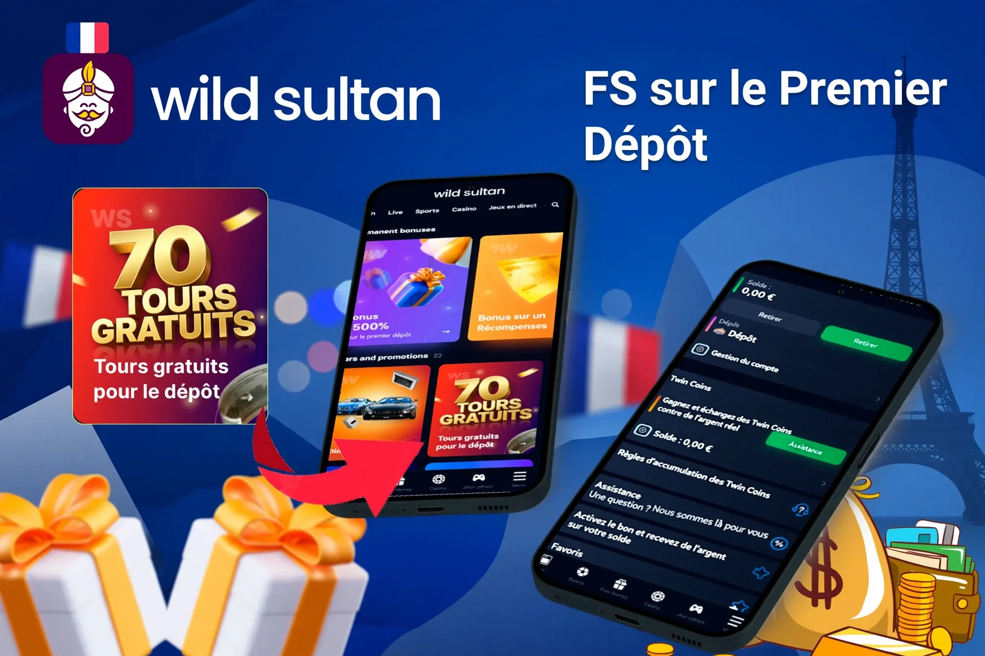 Application mobile affichant des offres de jeux de casino comme le programme de fidélité et des tours gratuits avec jetons et cartes de poker