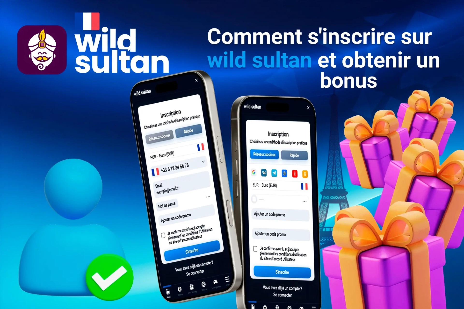 Page d'inscription mobile pour Extra Casino affichant des offres de bonus avec des boîtes cadeaux violettes et dorées