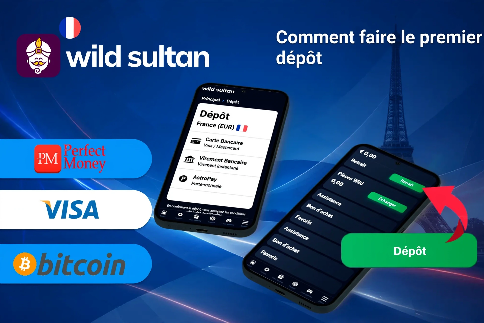 application mobile avec options de dépôt incluant Perfect Money, Visa et Bitcoin, ainsi qu'un bouton de dépôt