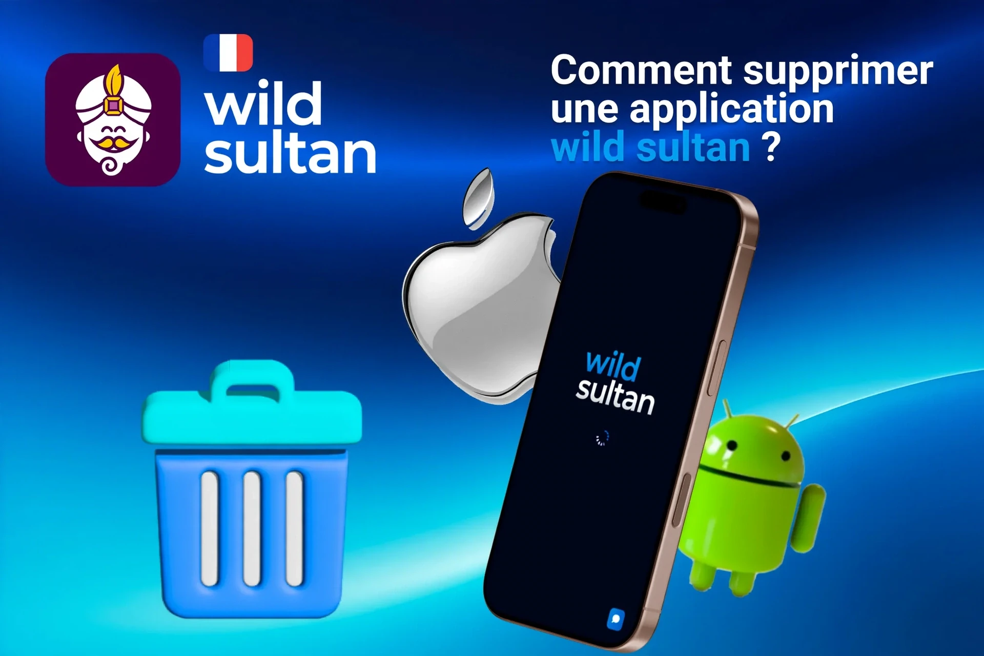 Instructions sur la suppression de l'application depuis des appareils iOS et Android, illustrées par des icônes d'applications