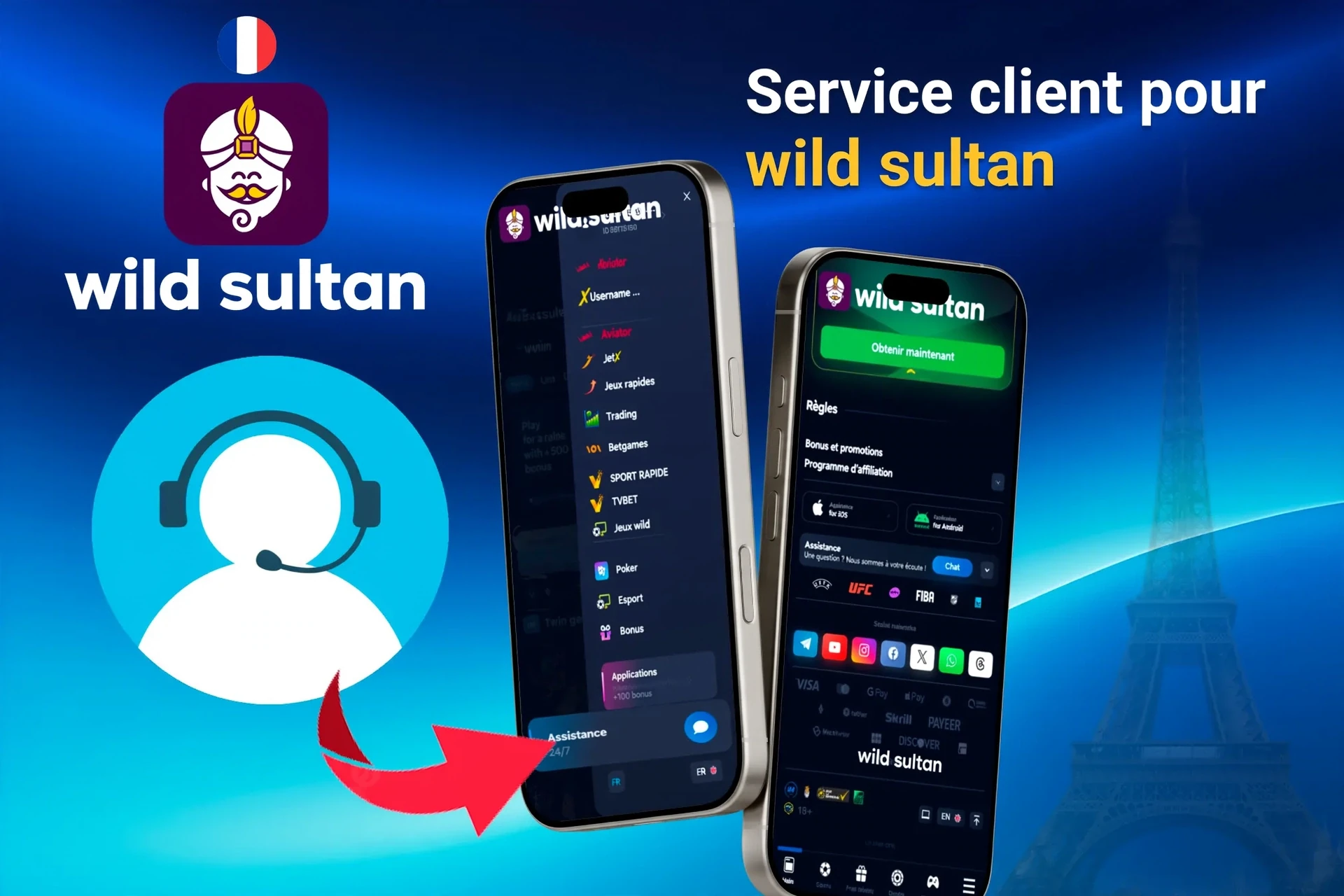 Fonction de support client de l'application, mettant en avant les options pour contacter le support via l'application