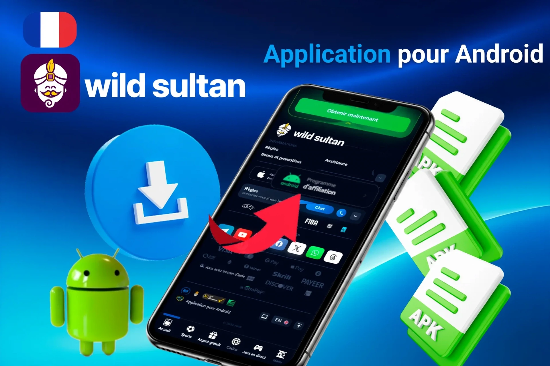 Processus de téléchargement de l'application Android avec icônes de fichiers APK et mascotte Android