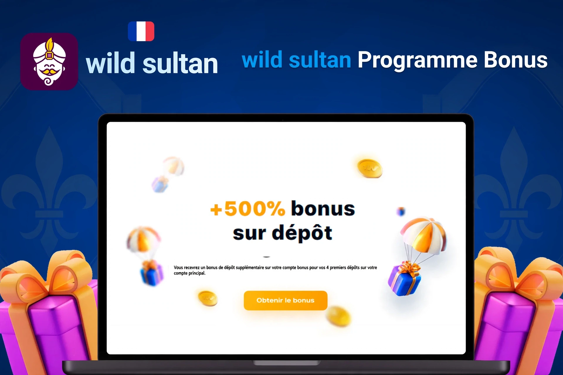 Ordinateur portable montrant une offre de bonus de dépôt de +500% avec des pièces flottantes et des cadeaux