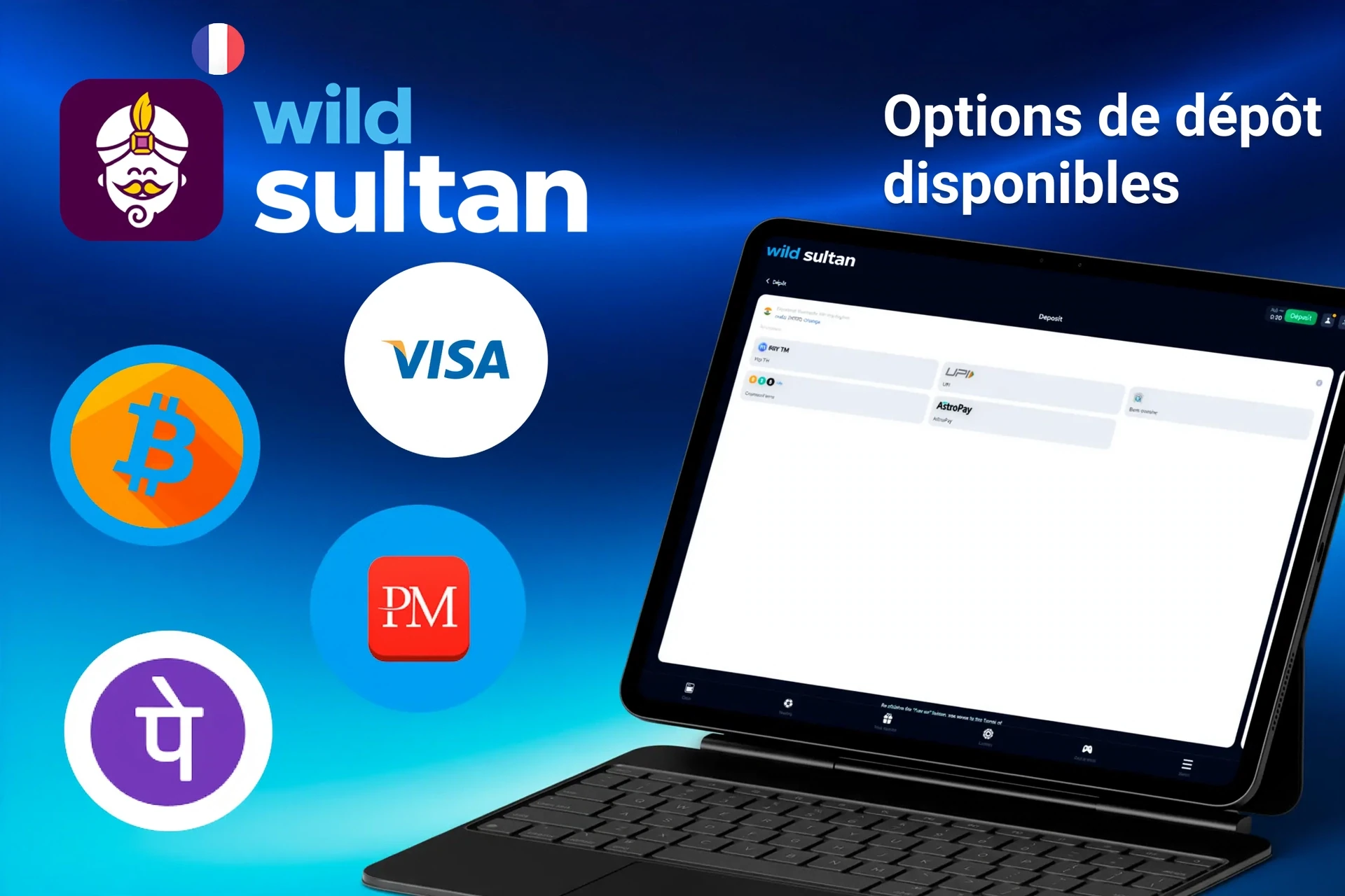 Options de dépôt disponibles sur la plateforme Extra Casino, y compris Bitcoin, Visa, Google Pay et autres, affichées sur une tablette