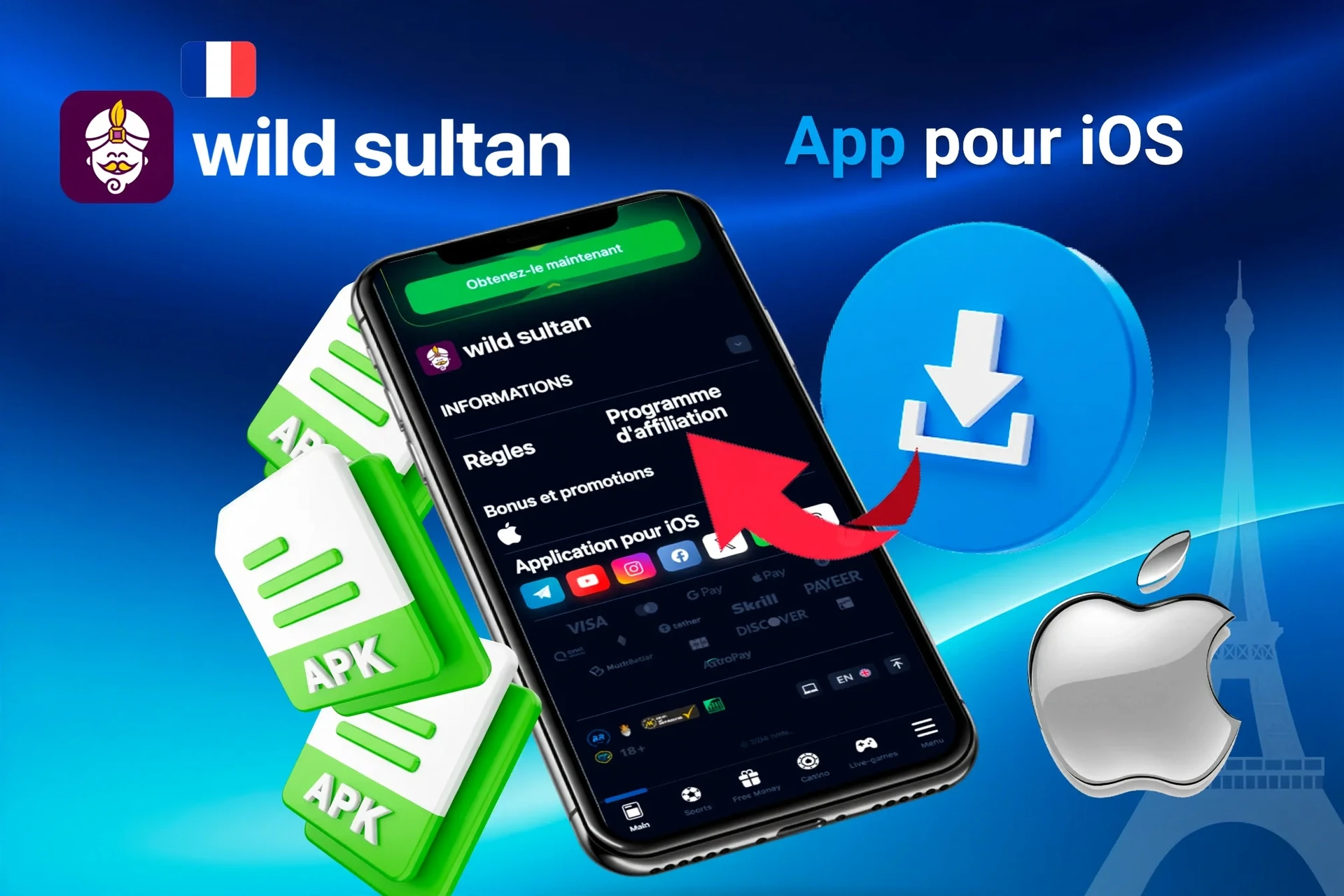 Écran de téléchargement de l'application iOS avec icônes de fichiers et logo Apple