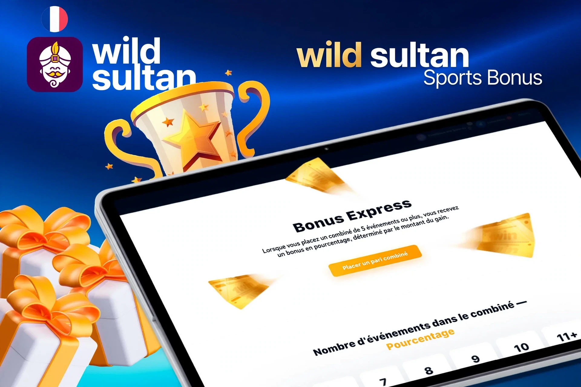 Écran de tablette avec offre de bonus express pour les paris sportifs d'Extra Casino, avec trophée et boîtes cadeaux.