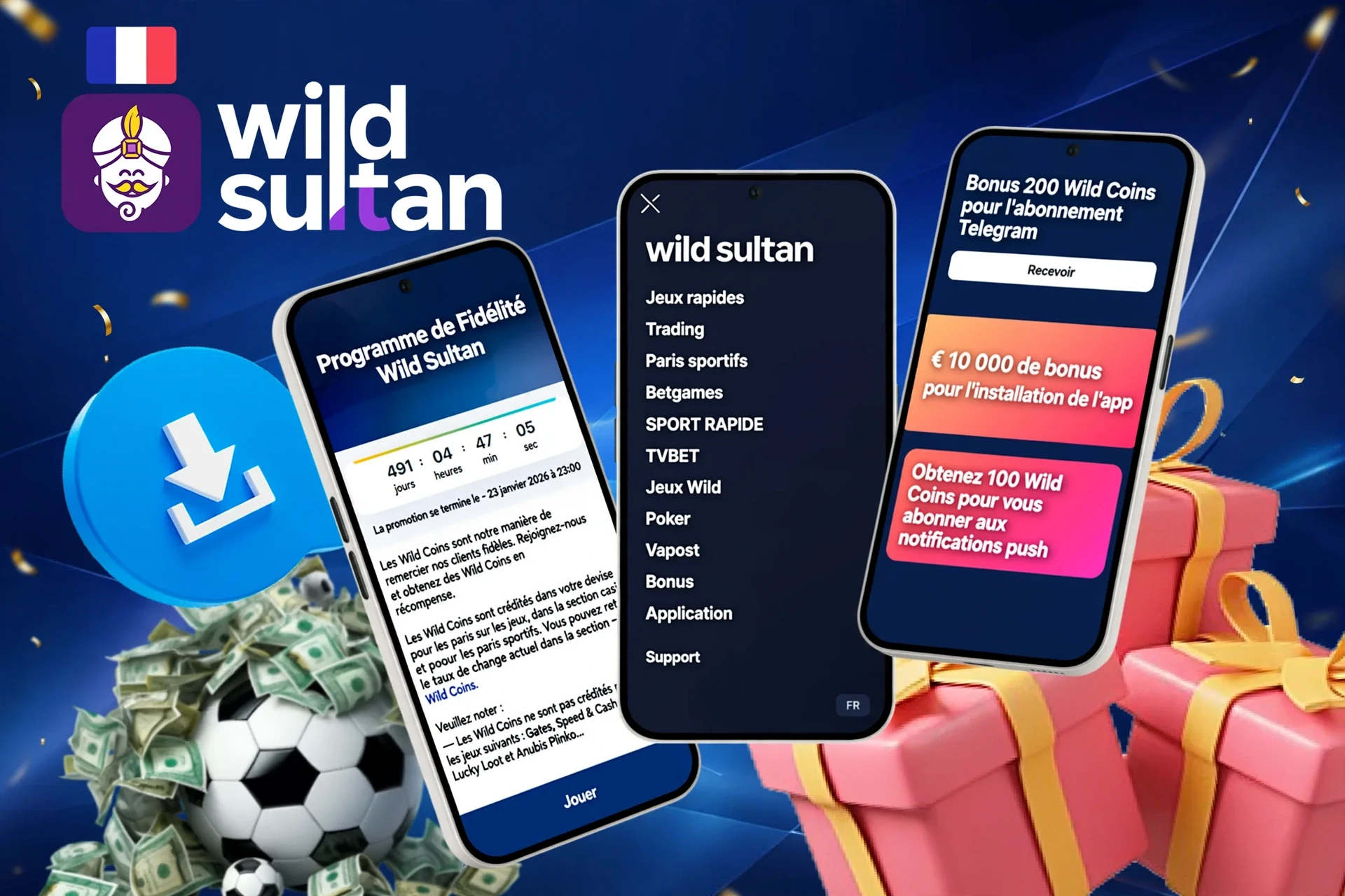 Écrans mobiles montrant le programme de fidélité, le bonus d’installation de l’application et une icône de football avec bouton de téléchargement