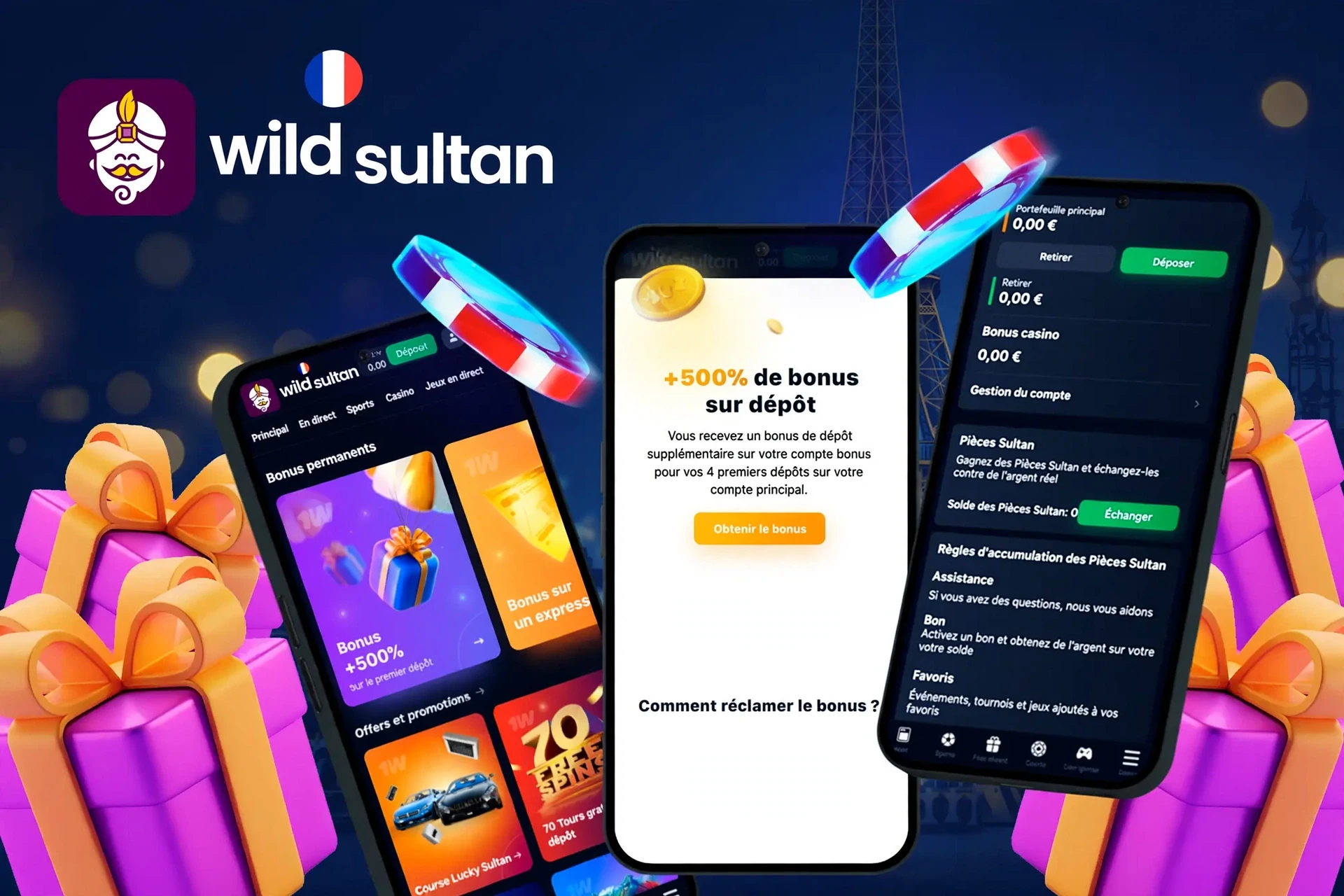 application montrant les instructions pour réclamer un bonus de dépôt allant jusqu'à 100 % et 100 tours gratuits sur mobile avec des éléments de jeu colorés