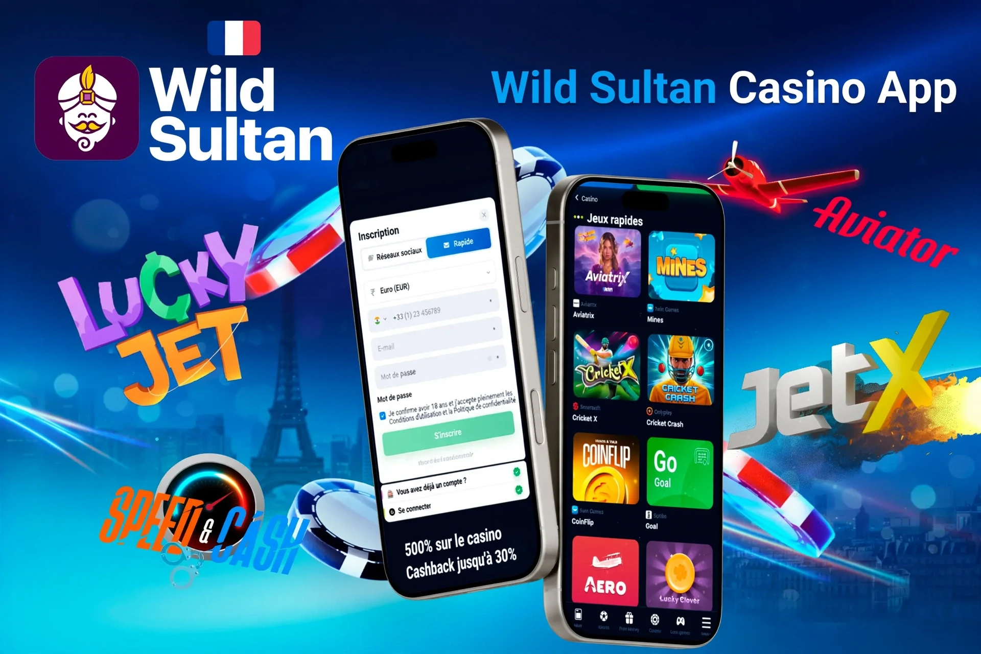 écran d'inscription de l'application Extra Casino avec des jeux rapides comme Aviatrix et JetX