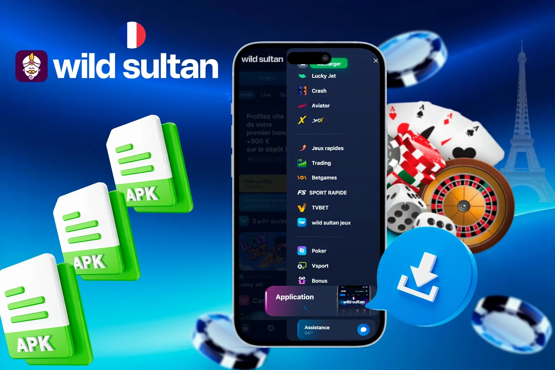 Application Extra Casino avec icônes de fichiers APK et jetons de casino illustrant l'accès mobile aux jeux d'Extra Casino