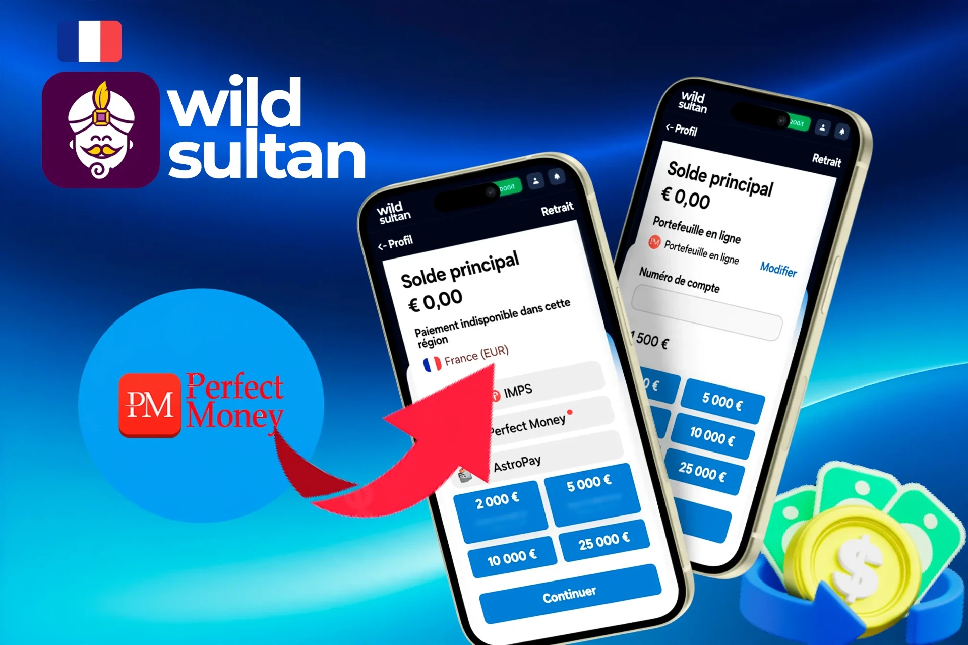 options de retrait, présentant Perfect Money, AstroPay et d'autres services de portefeuille, affichées sur une interface mobile