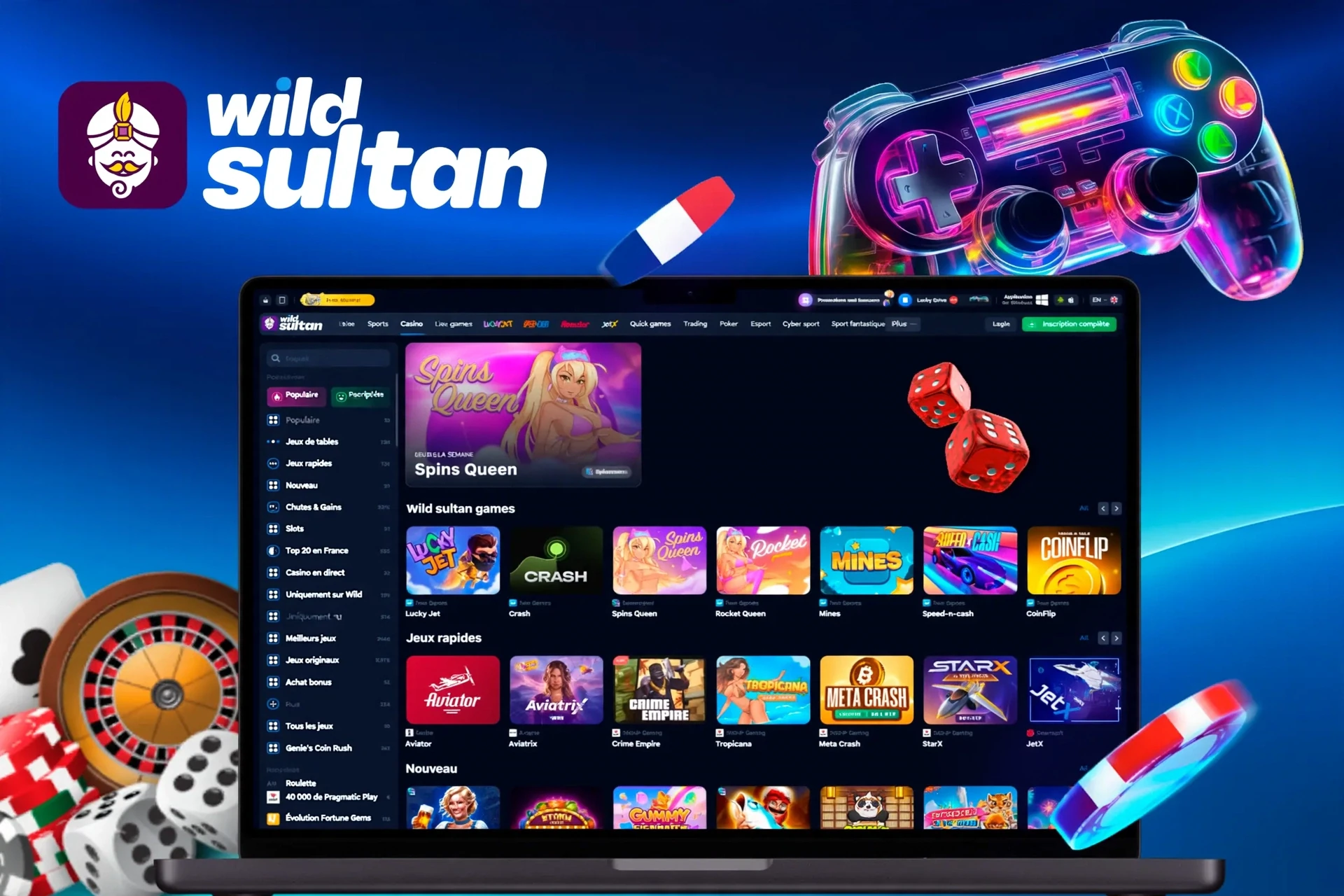 interface d'application montrant une variété de jeux comme Spins Queen, Crash et Rocket Queen avec une icône de manette de jeu colorée