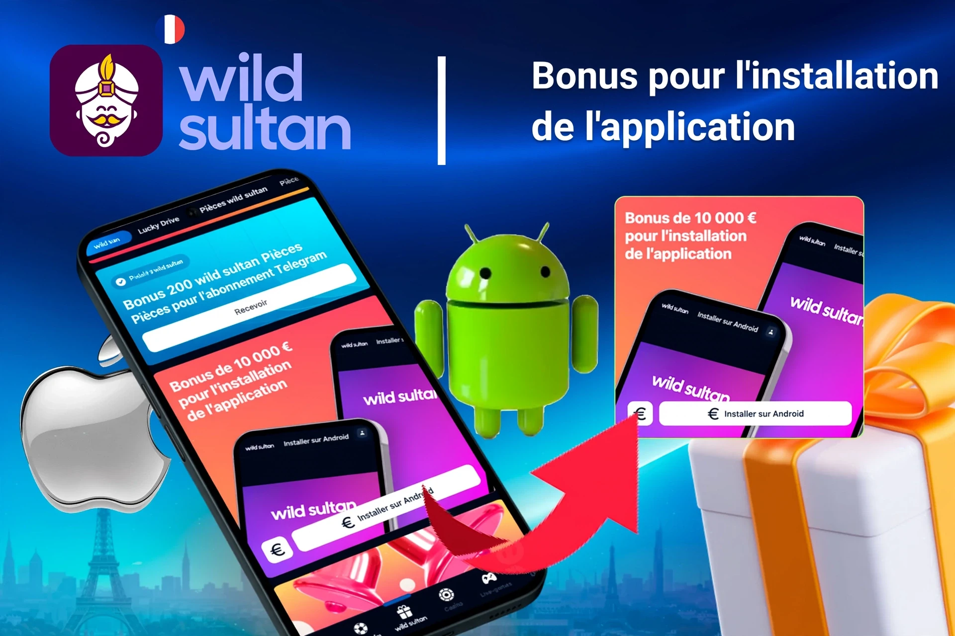 Offre de bonus Extra Casino pour l'installation de l'application sur mobile avec logos Android et Apple, et boîtes cadeaux