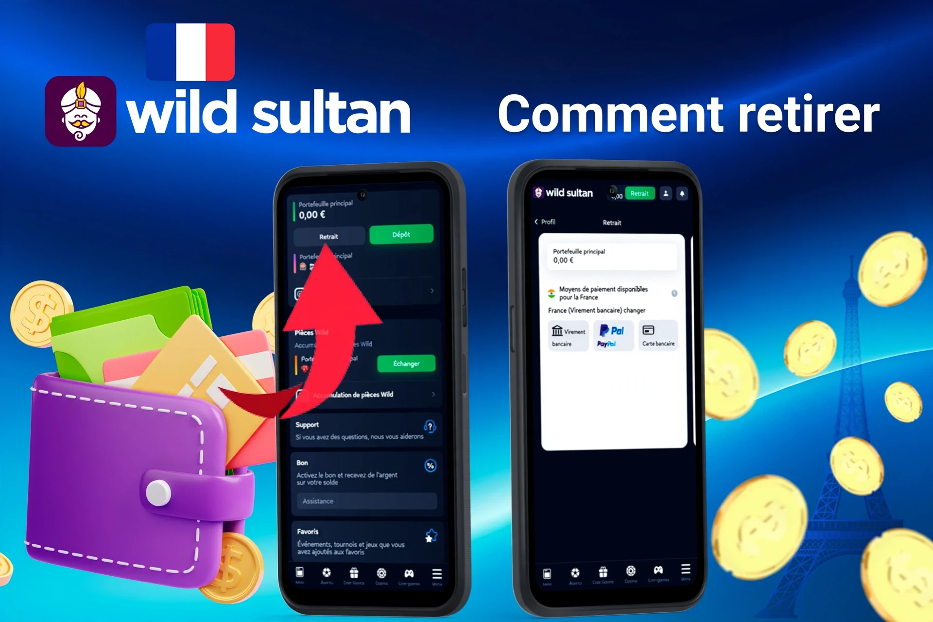 interface mobile montrant le processus de retrait avec une flèche pointant vers les options de retrait et le solde disponible du portefeuille