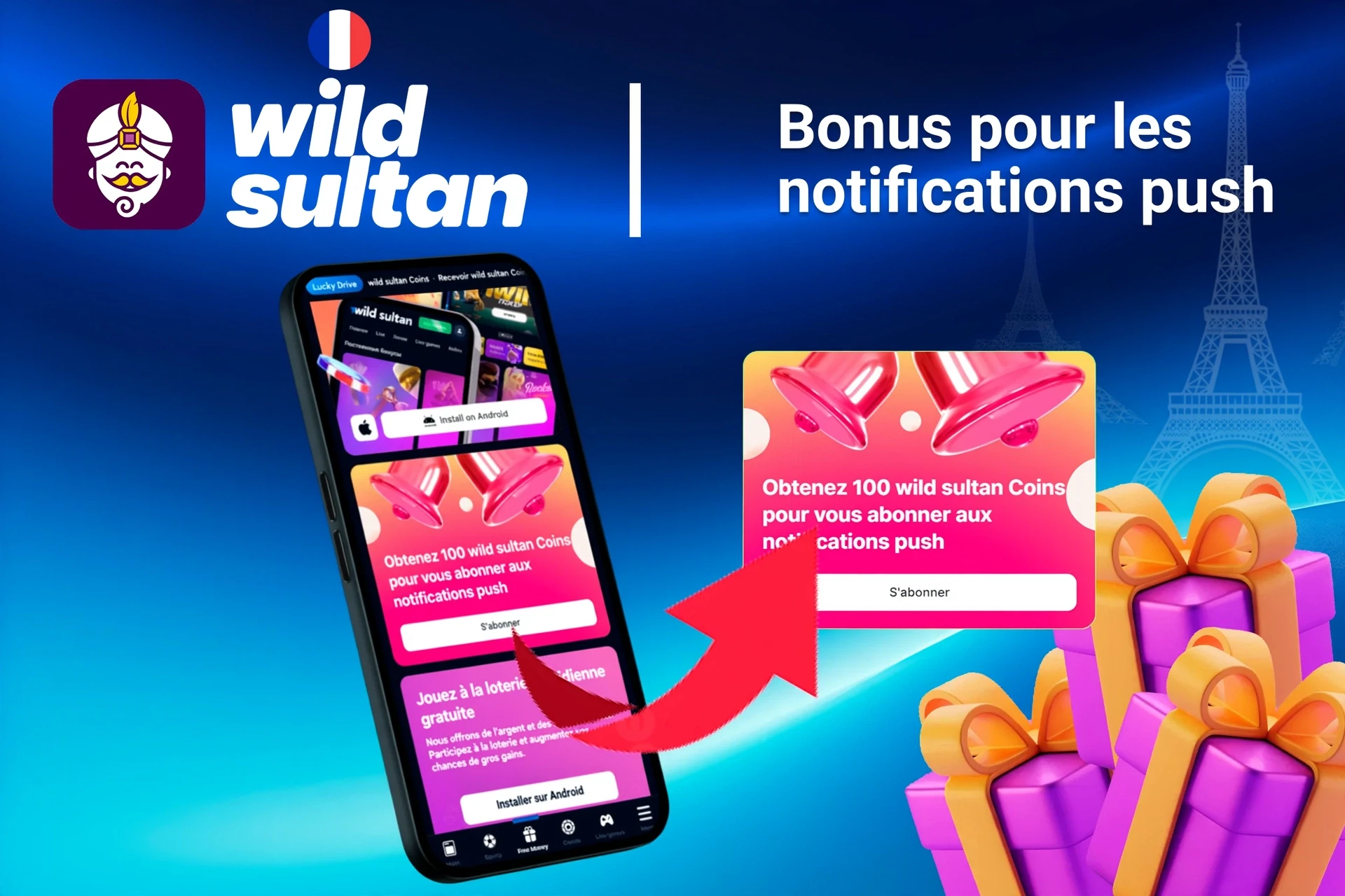 application mobile montrant des offres de bonus et promotions avec pièces et graphismes liés au poker