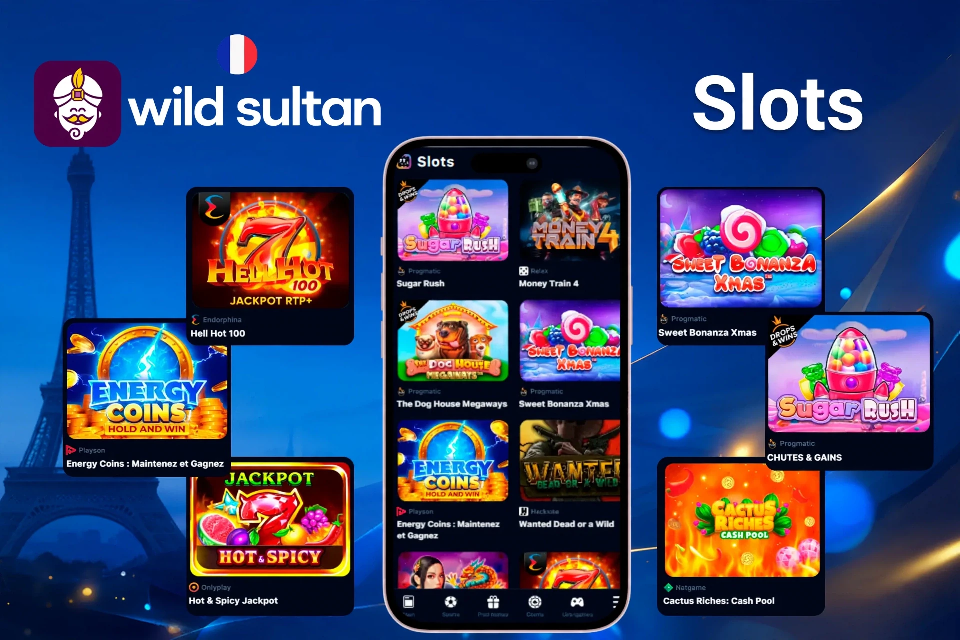 Jeux de machines à sous présentant des titres populaires comme Sugar Rush, Energy Coins et Hell Hot 100 sur mobile et ordinateur de bureau