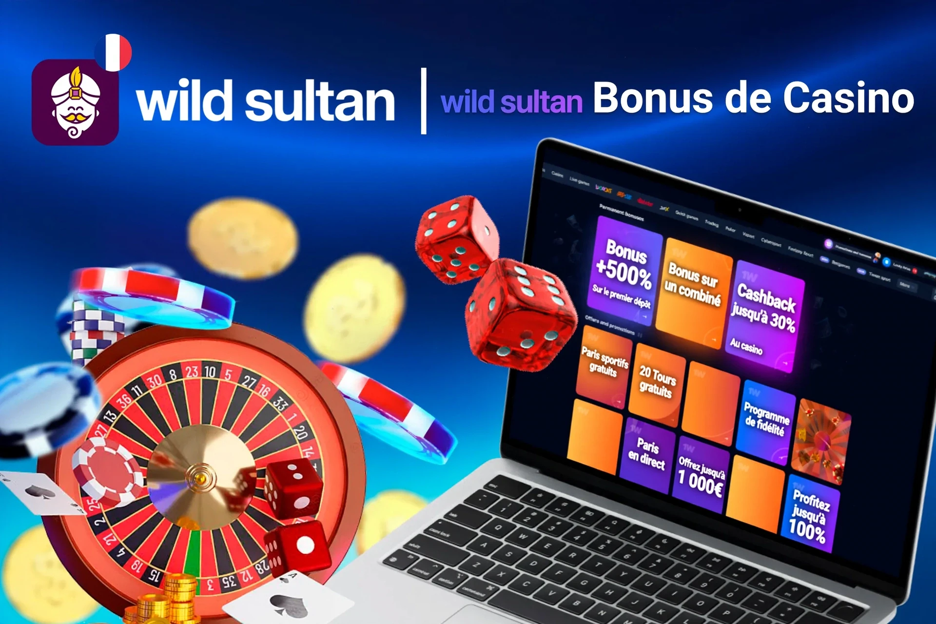 Écran d'ordinateur portable montrant divers bonus du casino Extra Casino avec roulette, dés et jetons de poker