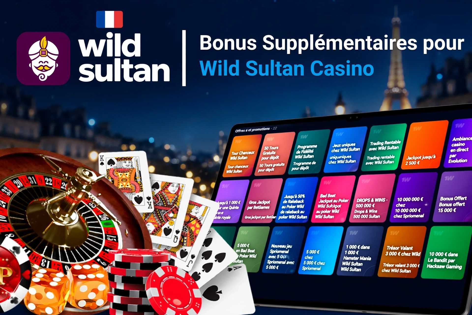 Application mobile montrant des offres de jeux de casino comme le programme de fidélité et les tours gratuits avec jetons de poker et cartes